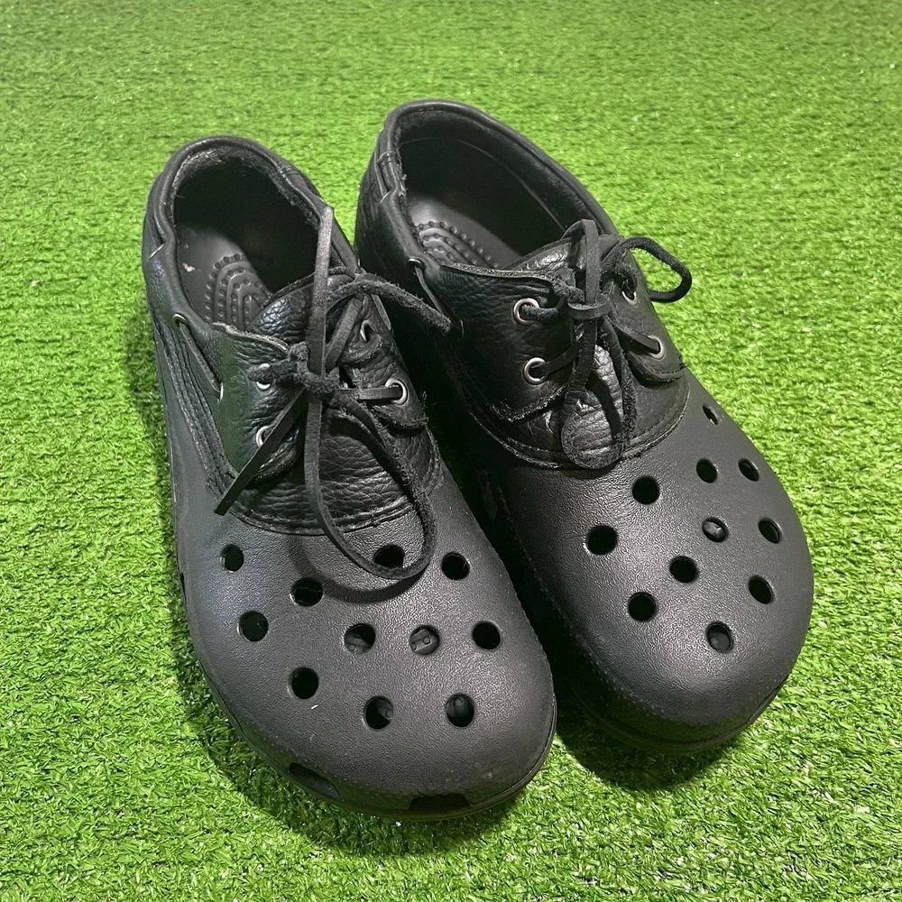 Crocs Boat Shoes Men SZ 12 Islander Pitcrew Leather Classic Clogs Black On Black